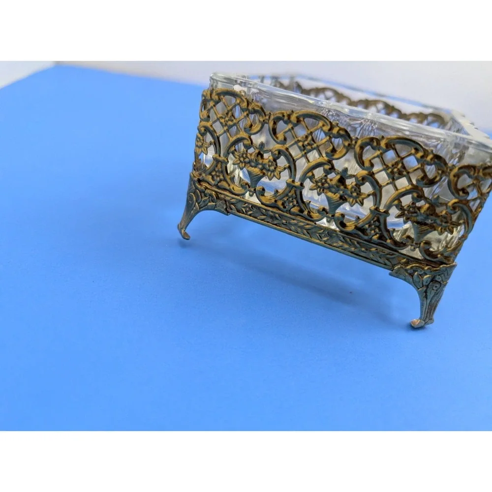 Vintage Hollywood Regency Open Trinket Box Gold and Glass Ormolu Brass Soap Dish
